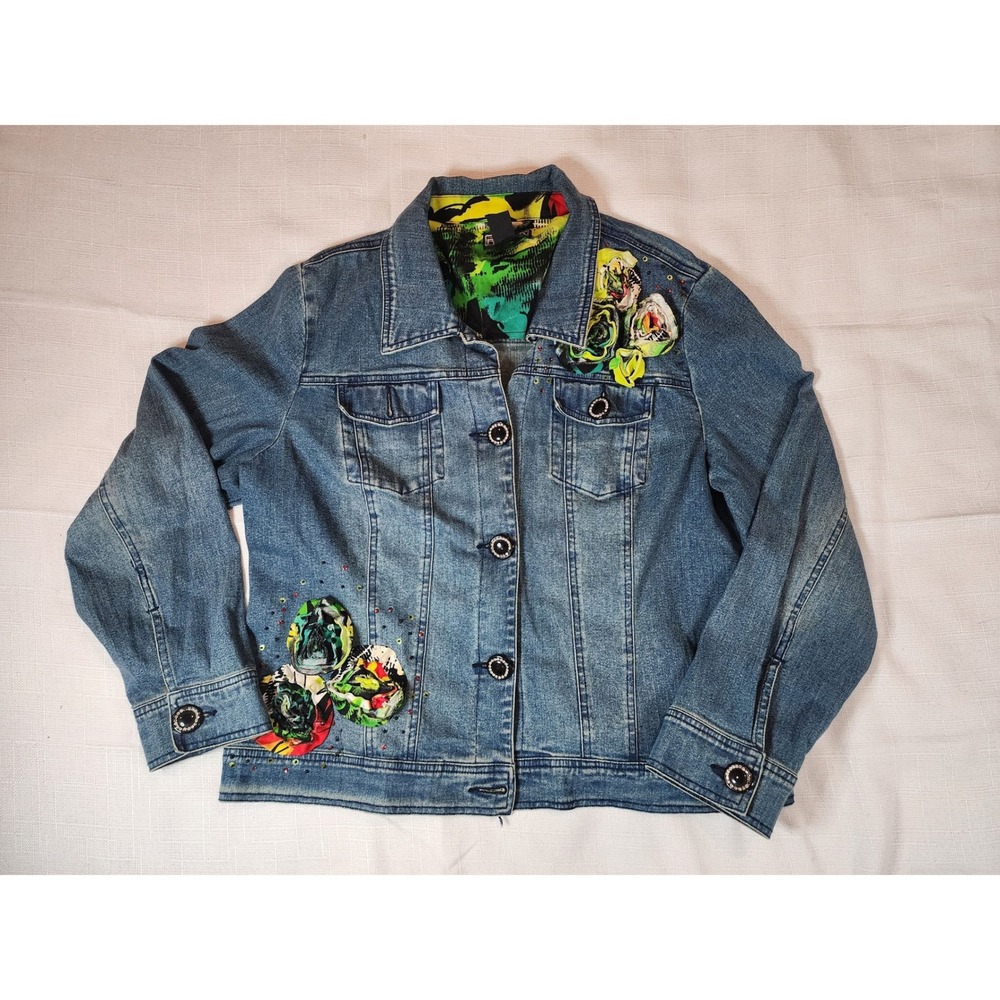 Berek 2 Collective Works Embellished Denim Jacket Womens XL Floral Rhinestone